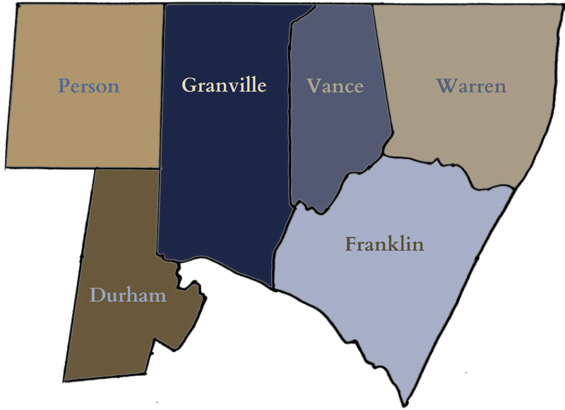 map of six counties served by DRAR: Person, Granville, Vance, Warren, Durham and Franklin